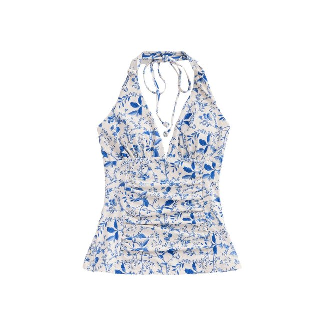 Haut de tankini gainant à dos nu crème/bleu à petits motifs floraux <span itemprop=