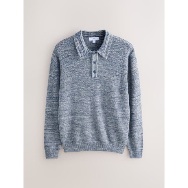 Polo torsadé coton à manches longues bleu denim marl <span itemprop=