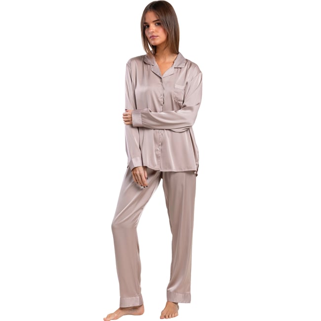 Pyjama pantalon chemise manches longues Crystal Satin taupe <span itemprop=