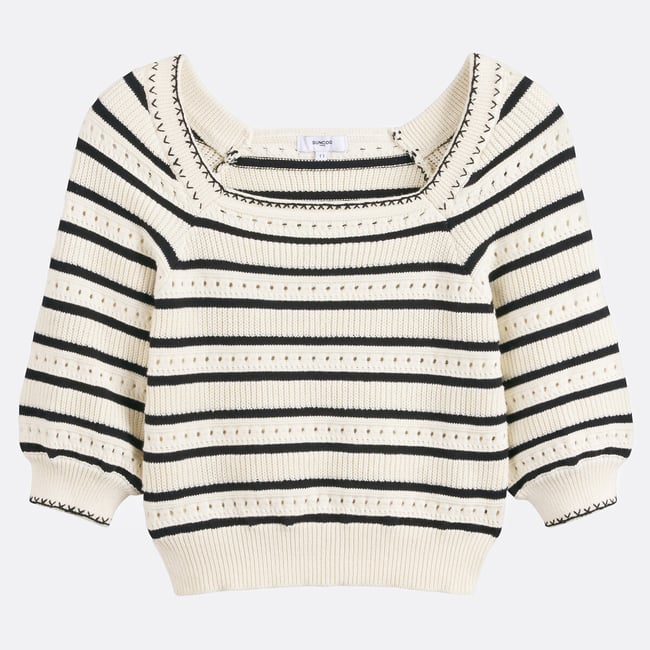 Patrici Striped Jumper with Square Neck and Elbow Length Sleeves, ecru/black, SUNCOO