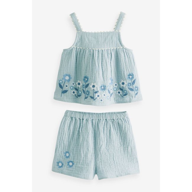 Short et haut brodé coupe classique, ensemble bleu <span itemprop=