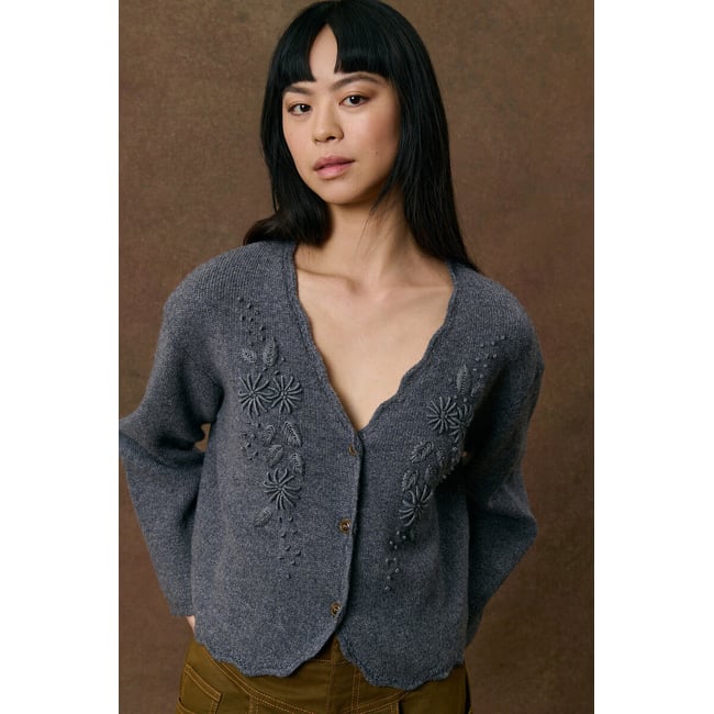 Cardigan col V brodé en laine, LOCHKA gris foncé <span itemprop=