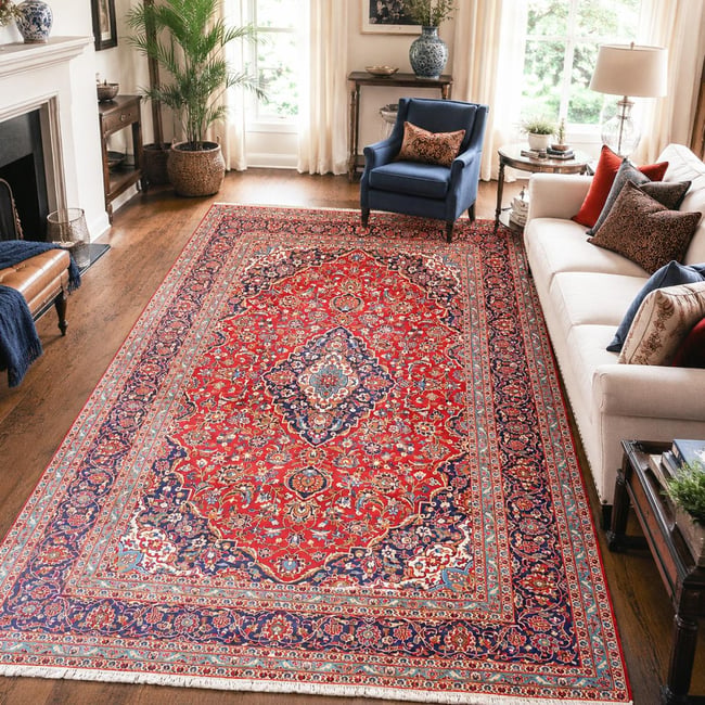 Tapis d'orient, motif oriental, noué main en laine, ARDAKAN 7 Couleur rouge, beige, bleu <span itemprop=