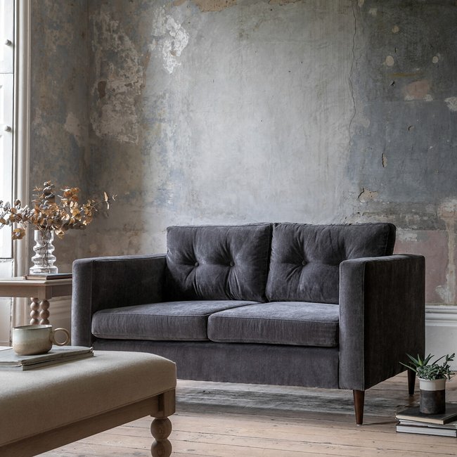 Marchfield Buttoned Soft Brushed 2 Seater Sofa with Dark Wood Legs - SO'HOME