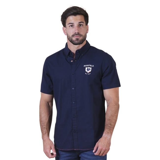 Chemise en coton biologique marine unie pourvue d'un col américain bleu foncé <span itemprop=