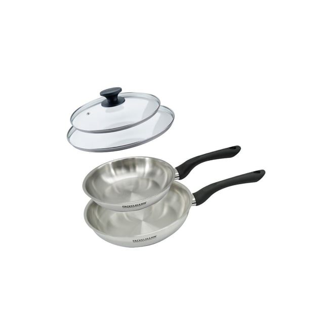 Set 2 poêles 20 et 24 cm en inox et couvercles verres GENEVA inox|noir <span itemprop=