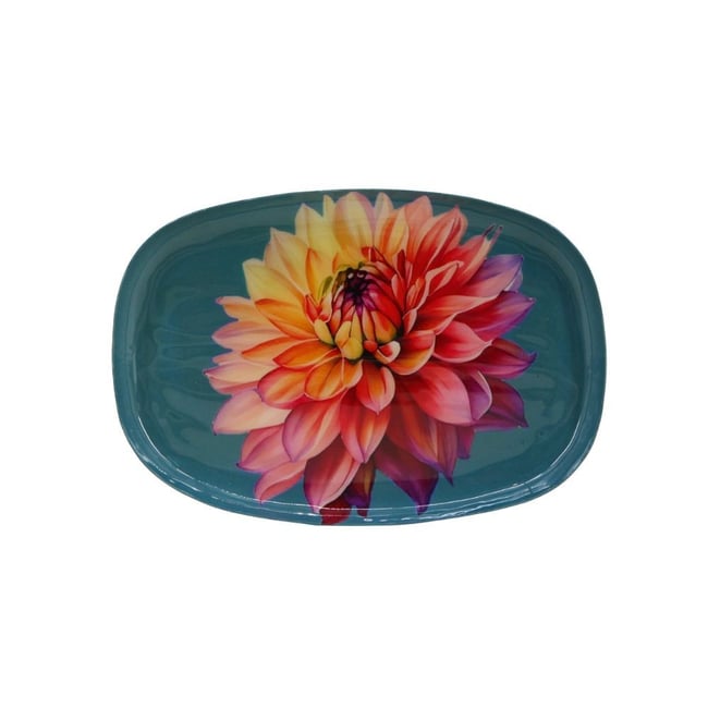 Plateau en métal laqué turquoise fleuri 20x14cm Couleur bleu <span itemprop=
