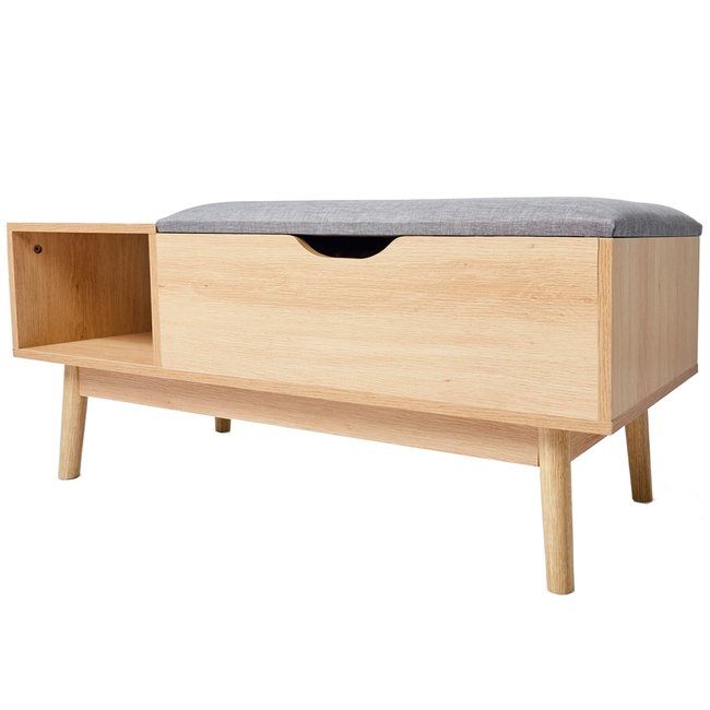Banc entrée 1 tiroir et 1 casier en bois et assise polyester gris 100x40x45cm Couleur bois <span itemprop=