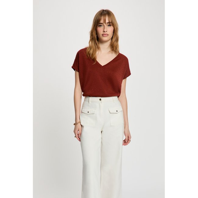 Pull oversize col v marron cognac <span itemprop=