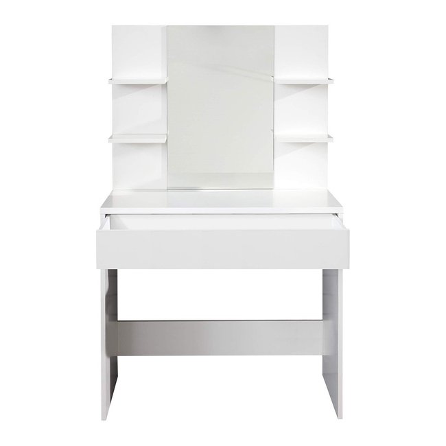 Coiffeuse avec 4 tablettes, 1 grand tiroir et 1 miroir L85 cm - Basix Couleur blanc <span itemprop=