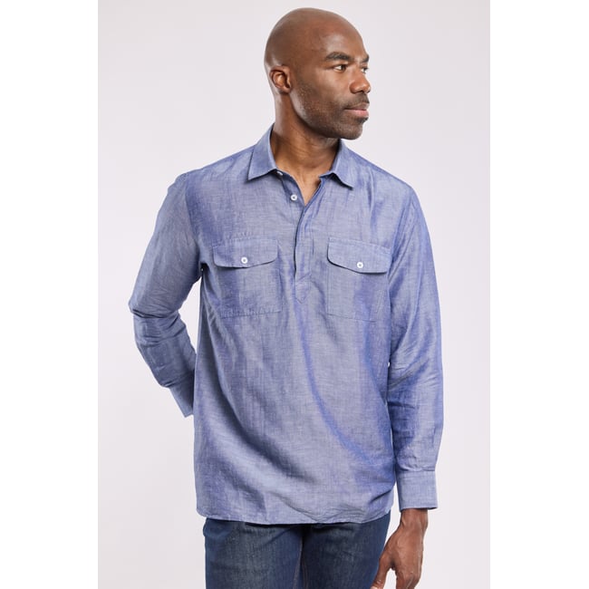 Chemise avec poches en lin et tencel marine deep <span itemprop=