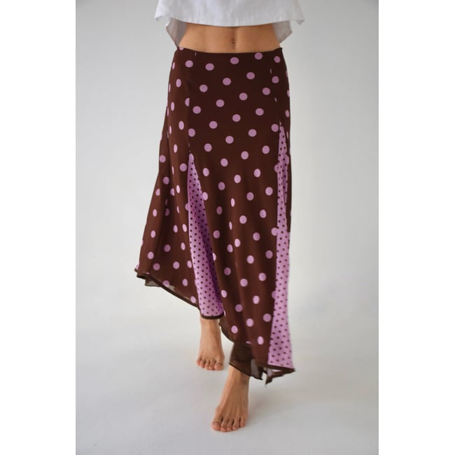Jupe longue à volants JIMENA marron / rose <span itemprop=