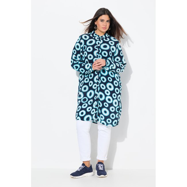 Chemisier long en crêpe. Motif cercles. Col blanc neige <span itemprop=