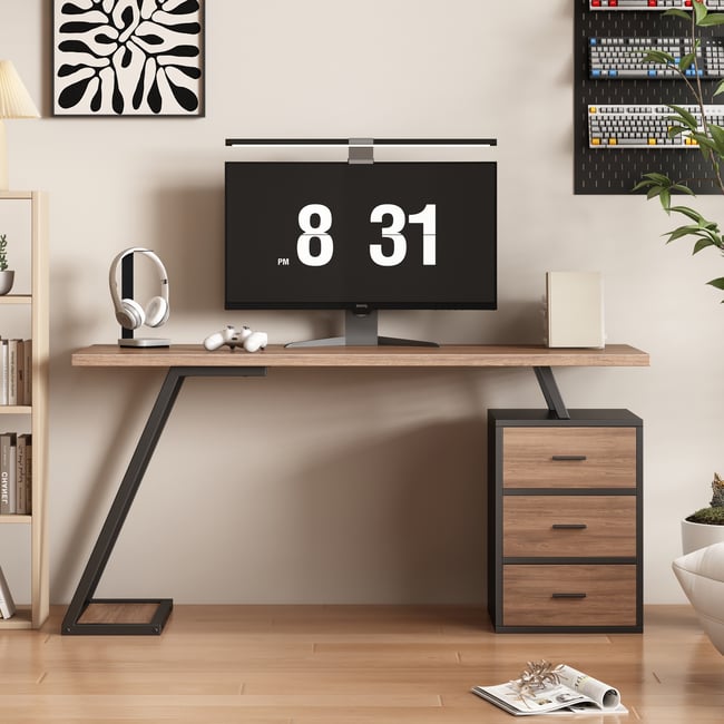 Bureau style industriel avec 3 tiroirs et 1 étagère intégrée, JO Couleur noyer <span itemprop=