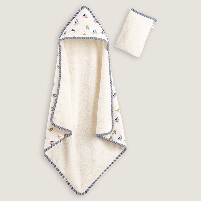 Ensemble 2 pièces cape de bain et gant coton bio imprimé <span itemprop=