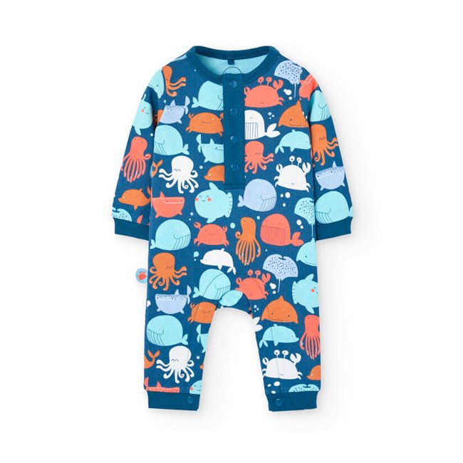 Grenouillère en molleton imprimé bleu <span itemprop=