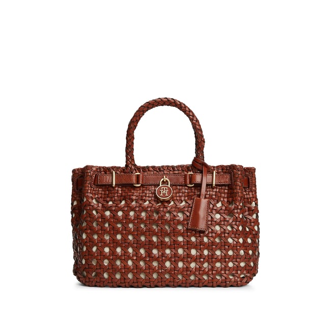 Sac mini tote en cuir de vachette tressé camel <span itemprop=