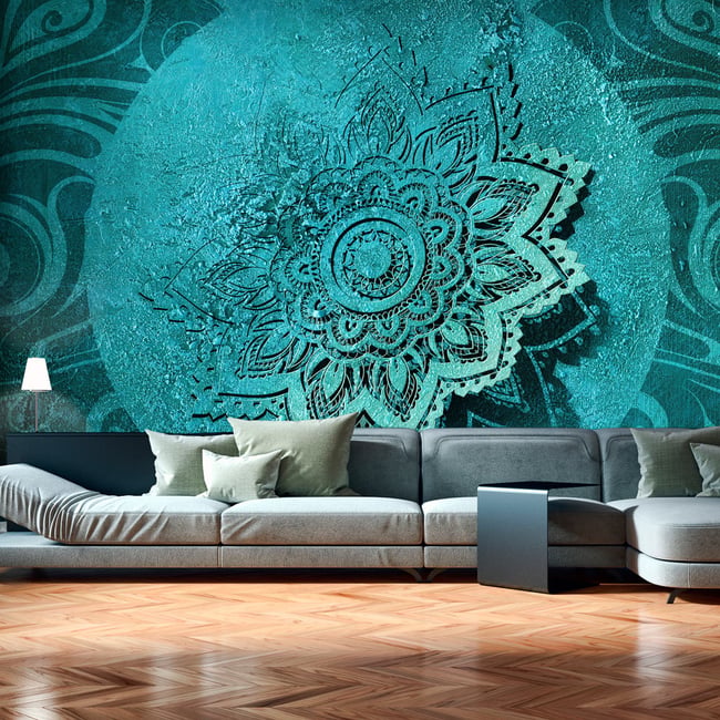 Papier peint intissé panoramique Orient Azure Flower Couleur bleu <span itemprop=