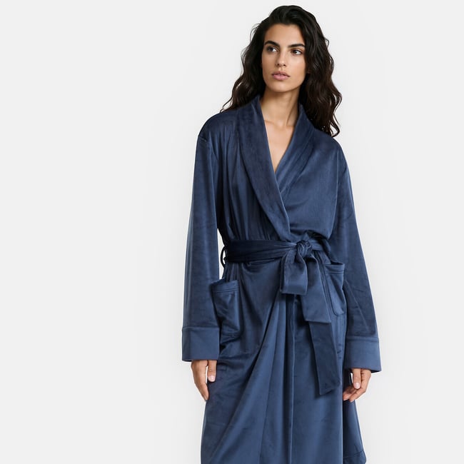 Satin-look velour shawl collar bathrobe, navy, ANNE WEYBURN