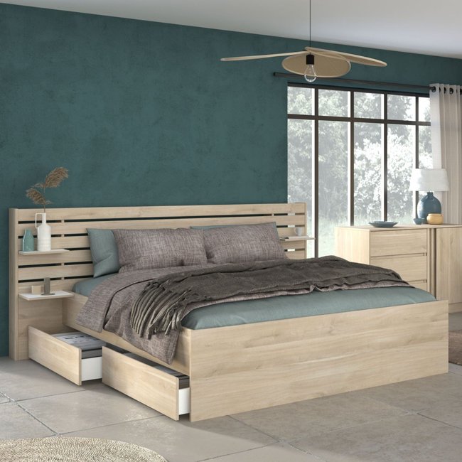 Lit adulte avec tête de lit et tiroirs  - CLEM Couleur bois naturel <span itemprop=