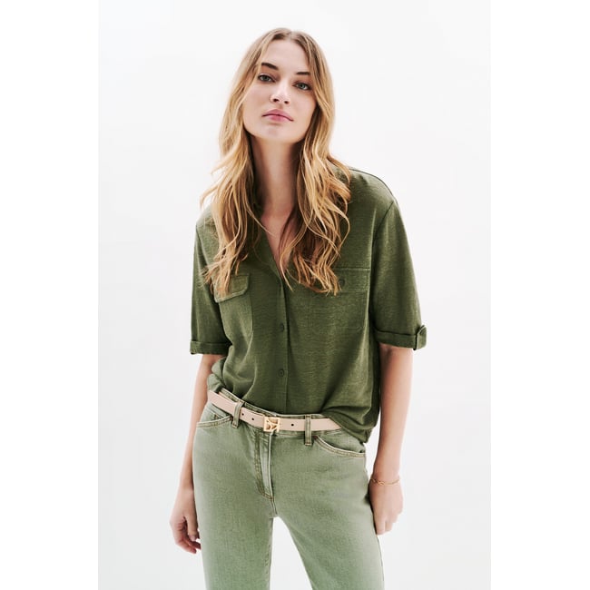 Chemise col fendu lin ESTELA vert kaki <span itemprop=