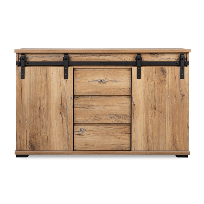 Buffet 2 Portes Coulissantes et 3 Tiroirs Centraux L140 cm - MANZANO Couleur bois clair <span itemprop=