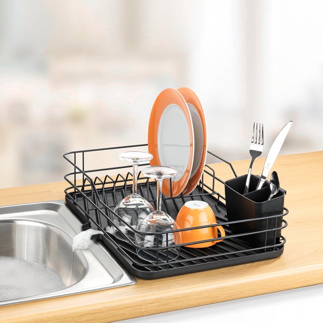 TidyIsles Égouttoir à Vaisselle Compact Noir – 2 Niveaux Avec Porte-Ustensiles, Drainage 360°, Peu Encombrant, Idéal Petite Cuisine, Comptoir & Évier