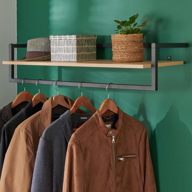 Etagère penderie murale bois et métal noir 90x34,5cm Couleur noir et bois <span itemprop=