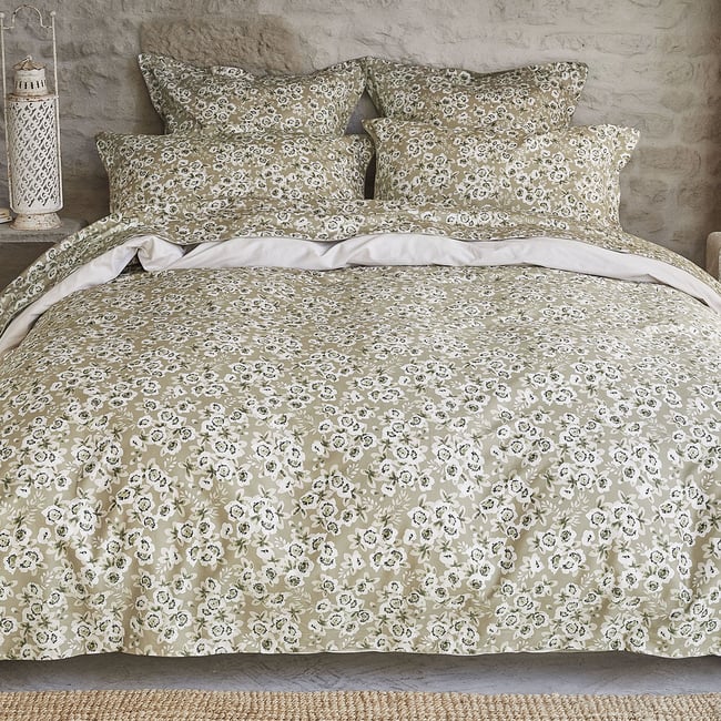 Housse de couette imprimée en satin de coton bio, BLOSSOM beige lune <span itemprop=