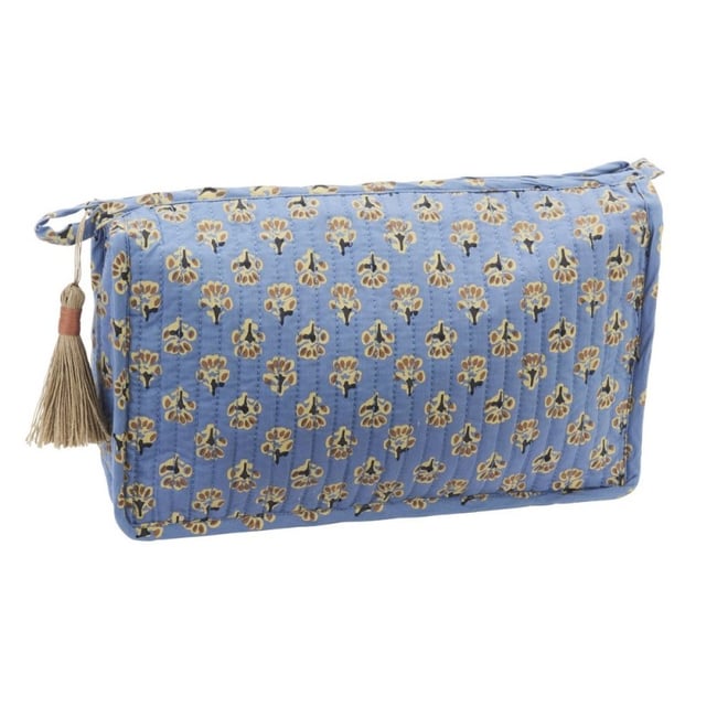 Trousse de toilette coton matelassé floral pompon bleu poudré <span itemprop=