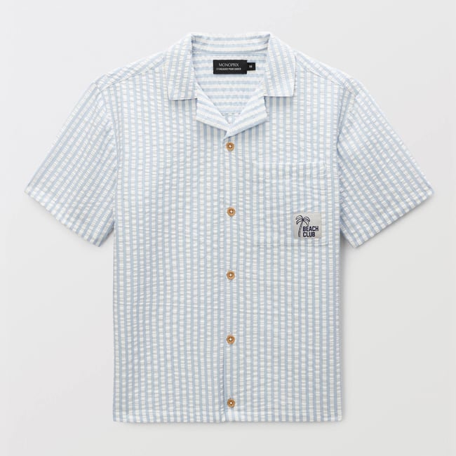 Chemise manches courtes rayée en seersucker en coton BIO GOTS ecru <span itemprop=