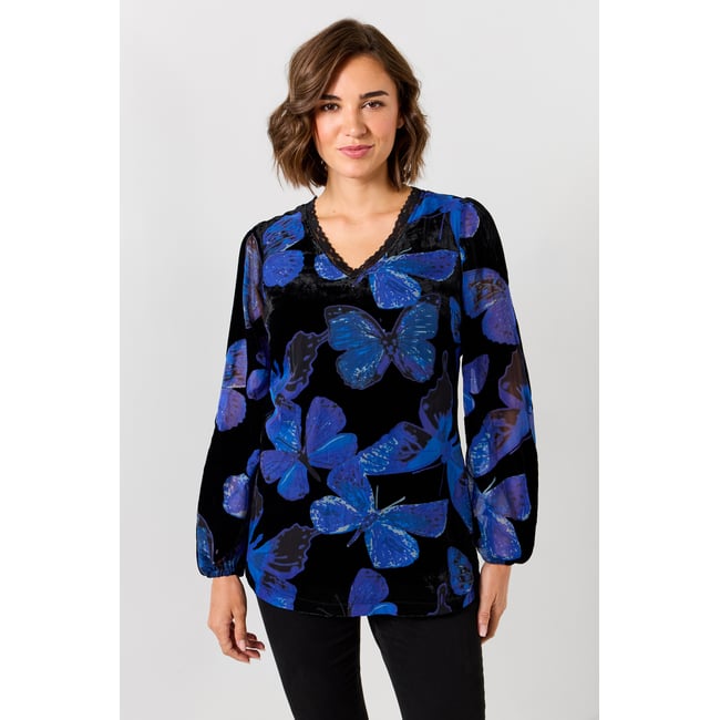 Tunique Col V en Velours Dévoré Papillons bleu <span itemprop=
