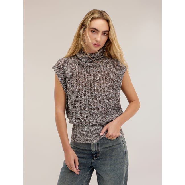 Col roulé sans manches ajouré laminé gris <span itemprop=