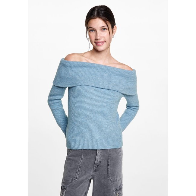 Pull maille épaules dénudées bleu ciel <span itemprop=