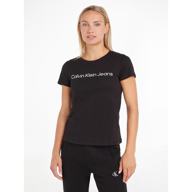 Cotton Crew Neck T-Shirt with Short Sleeves, black, CALVIN KLEIN JEANS