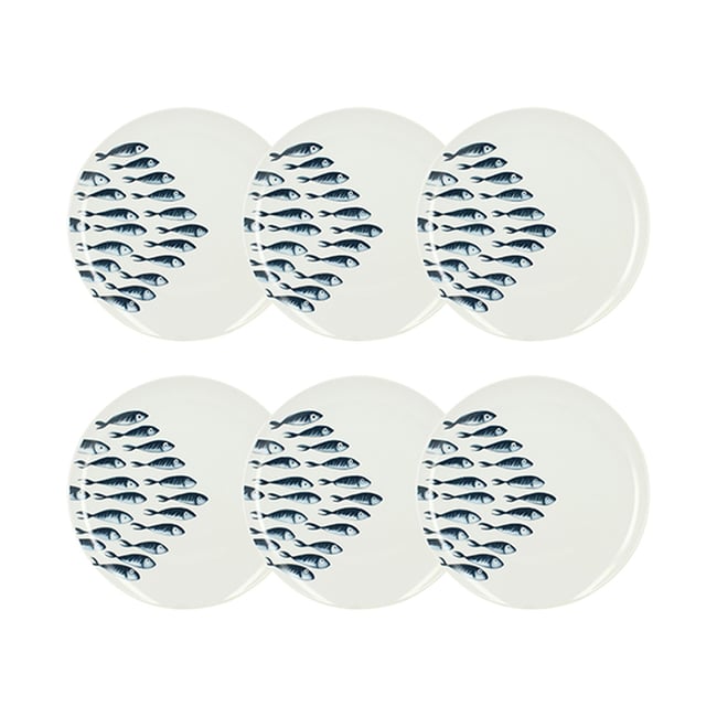 Lot de 6 assiettes plates en porcelaine 26,5cm, PESCARE Couleur blanc-bleu <span itemprop=