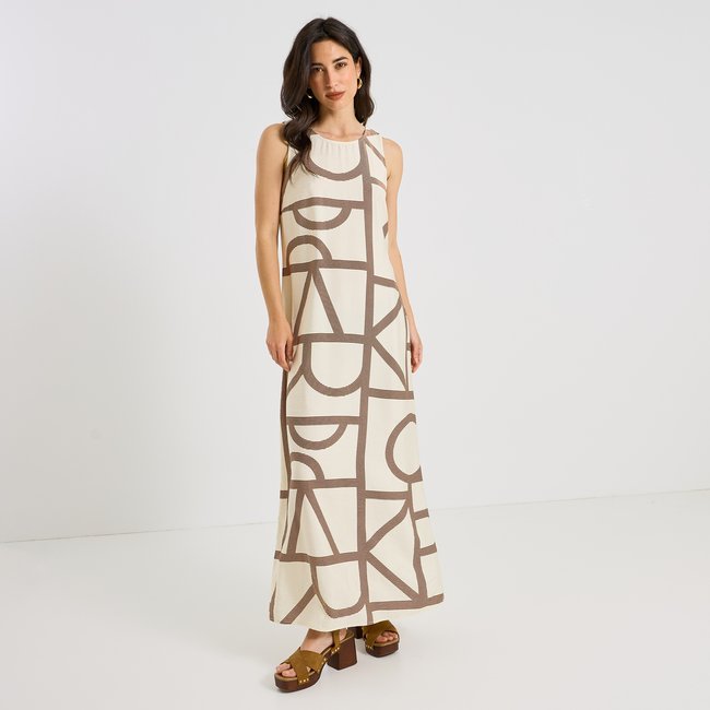 Robe longue fluide sans manches habillée blanc cassé ecru <span itemprop=