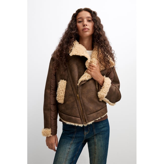Veste effet peau avec doublure en sherpa marron <span itemprop=