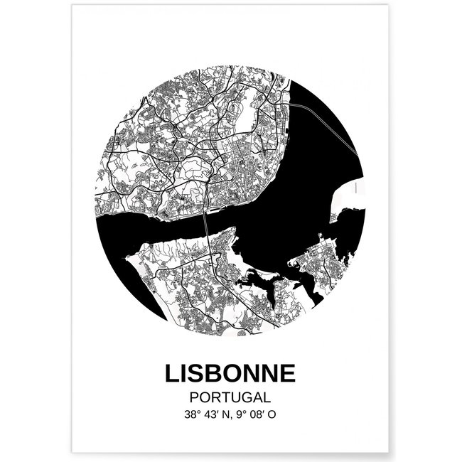 Affiche Carte Lisbonne Couleur blanc <span itemprop=