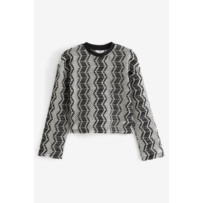 Pull ras du cou rayé en crochet zig zag noir/blanc <span itemprop=