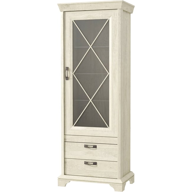 Vitrine 1 porte 2 tiroirs collection XISTO Couleur pin blanc patiné avec poignées argent vieilli <span itemprop=