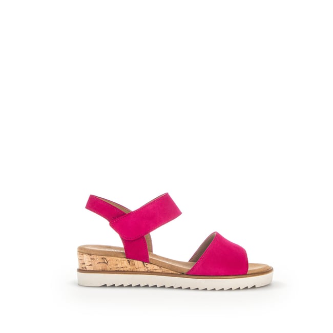 Sandales en cuir lisse à talon compensé recouvert pink velours <span itemprop=