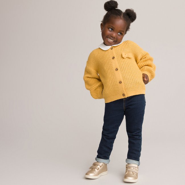 Chunky knit buttoned cardigan with crew neck ochre yellow La Redoute Collections La Redoute