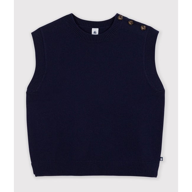Pull sans manches en laine majoritaire marine <span itemprop=