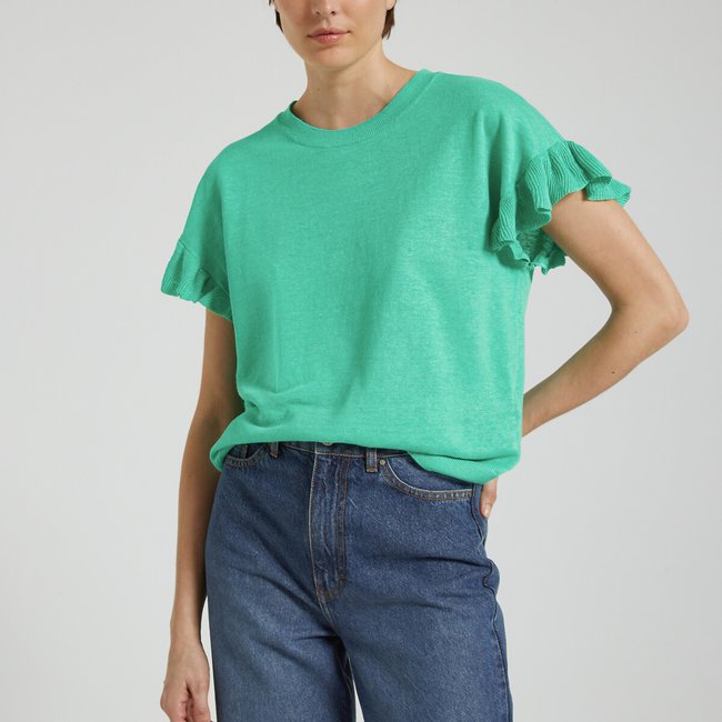Pull col rond maille de lin ALBERTO LAGON lagon <span itemprop=