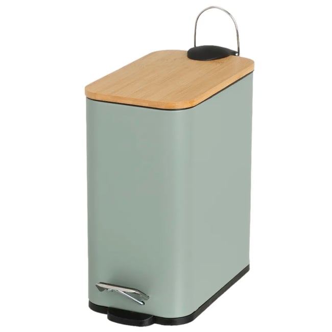 Poubelle de salle de bain rectangulaire métal vert sauge et bambou 5L Couleur vert <span itemprop=