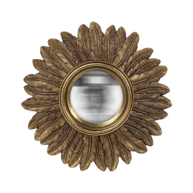 Miroir soleil rond convexe contours plumes 22 cm Couleur or <span itemprop=