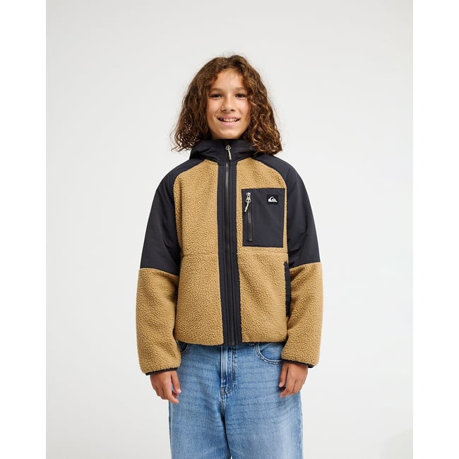 Veste polaire zippée avec capuche camel/bleu <span itemprop=