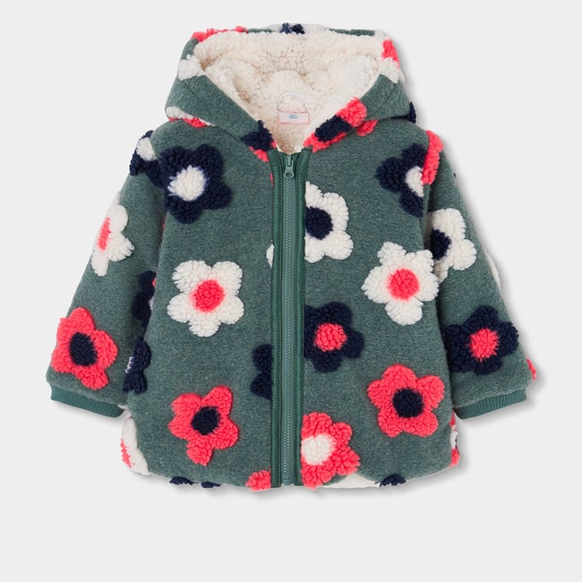 Manteau fille molleton imprimé fleurs vert <span itemprop=