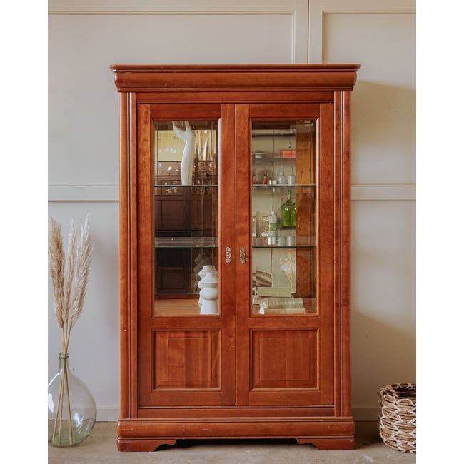 Vaisselier vitré et avec miroir style Louis-Philippe Maximilien N°390 - Bon état Couleur marron <span itemprop=